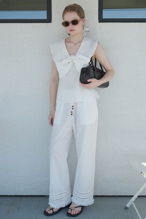 Punching Lace Cotton Banding Wide Pants White