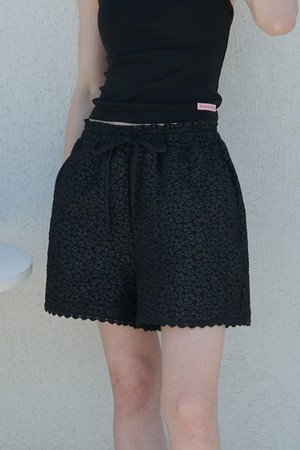 Floral Embossed Lace Detail Banding Shorts Black