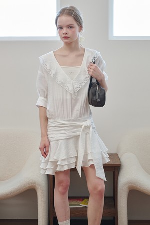 V-Neck Lace Collar Tiered Mini Dress Ivory