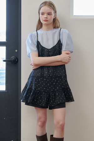 Pintuck Sleeveless Chiffon Mini Dress Flower Black