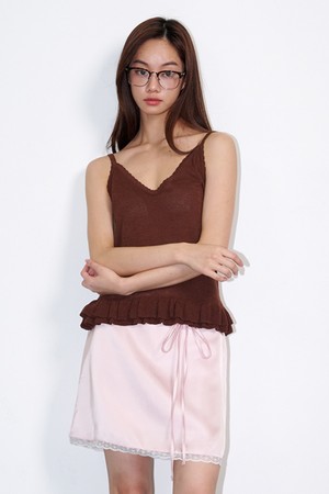 Sleeveless Frill Linen Knit Top Brown