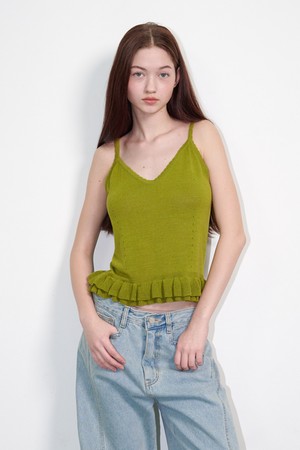 Sleeveless Frill Linen Knit Top Olive