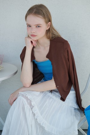 Sheer Scallop Linen Cardigan Brown