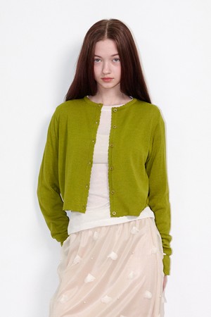 Sheer Scallop Linen Cardigan Olive