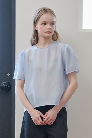 Puff Sleeve Basic Short-sleeved Blouse_Sky Blue