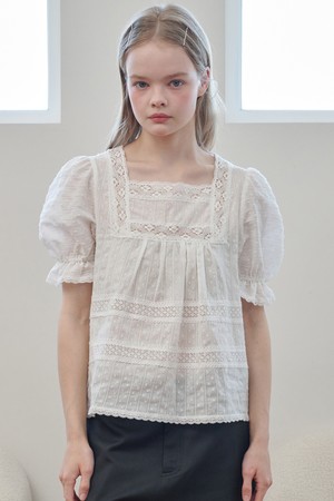 Lace Mix Square Neck Cotton Puff Blouse White