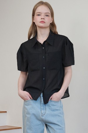 Organza Puff Sleeve Pocket Blouse_Black