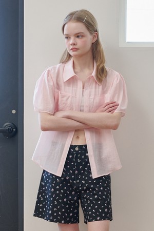 Organza Puff Sleeve Pocket Blouse_Light Pink