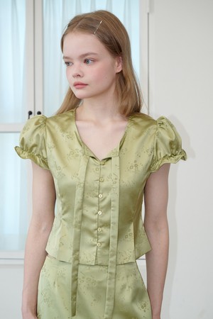 Satin Jacquard Puff Sleeve Tie Blouse Flower Olive