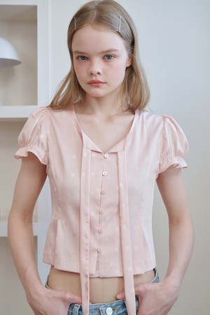 Satin Jacquard Puff Sleeve Tie Blouse Dot Pink