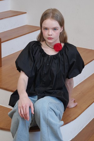 Rose Corsage Balloon Sleeve Shirring Blouse Black