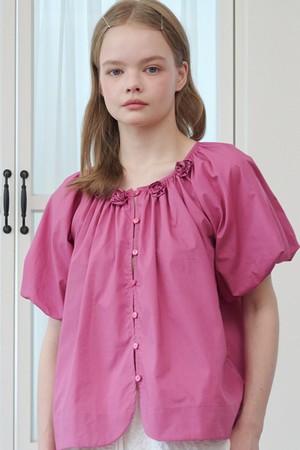 Rose Corsage Balloon Sleeve Shirring Blouse Rose Pink