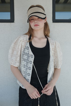 Crochet Lace Puff Sleeve Floral Jacket Beige