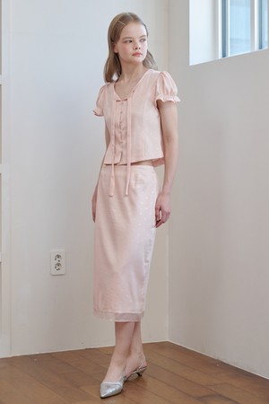 Set-Satin Jacquard Tie Blouse+H-Midi Skirt Pink