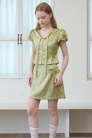 Set-Satin Jacquard Tie Blouse+A-Mini Skirt Olive