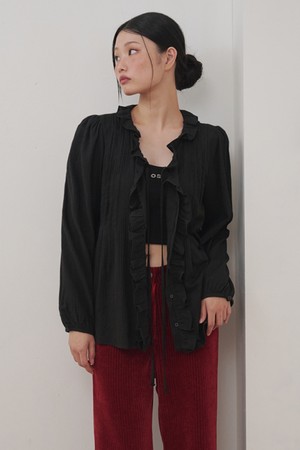 Ruffled Stripe Pin-tuck Cotton Blouse Black