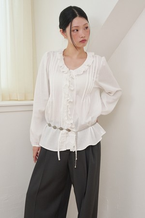 Ruffled Stripe Pin-tuck Cotton Blouse Ivory