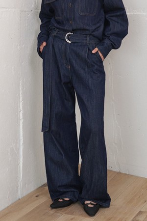 Pin-tuck Belted Wide Denim Pants Dark Indigo