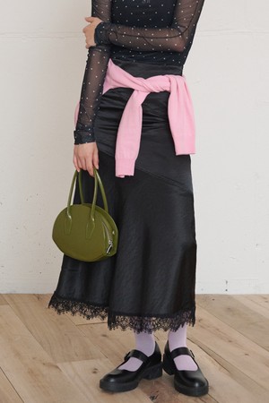 Panel Lace Long Skirt Satin Black
