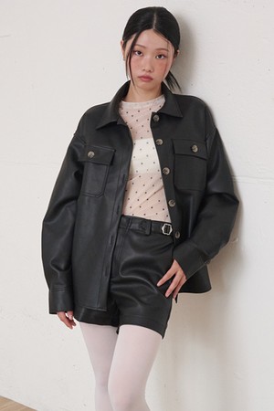 Belted Button-Point Leather Shirt Black