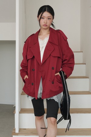 Classic Flap Belted Short Trench Jacket Red