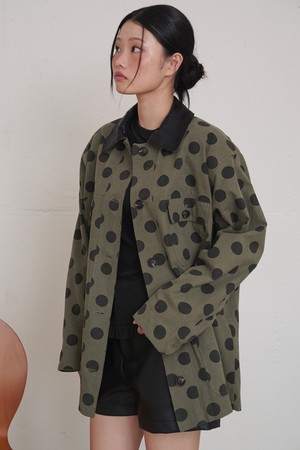 Leather Collar Cotton Work Jacket Dot Khaki