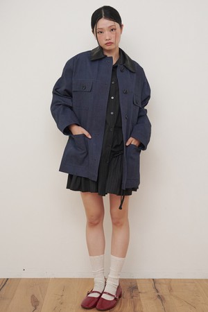 Leather Collar Cotton Work Jacket Navy