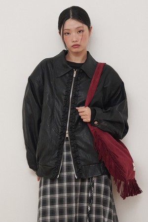 Soft Leather Frill Bomber Jacket Black