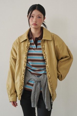 Soft Leather Frill Bomber Jacket Mustard