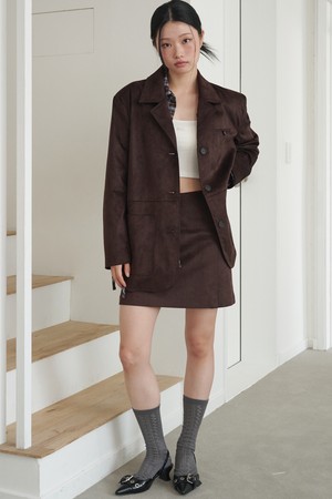 SET_Suede Overfit 3-button Jacket+Pocket Mini Skirt_Dark Brown