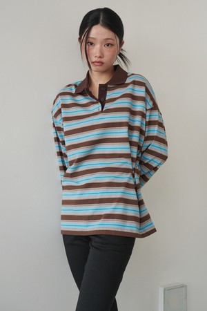 Button-Detail Striped Rugby Long-Sleeve T-Shirt Brown