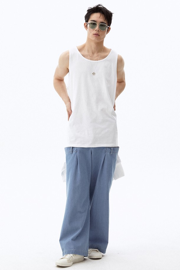 HYIIⁿ - 데님 - [Unisex] Double Waistband Wide Denim Pants Light Blue