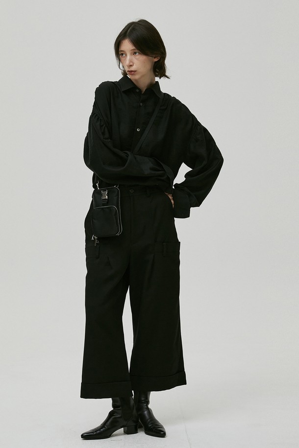 HYIIⁿ - 캐주얼팬츠 - [Unisex] Double Waistband Wide Cropped Pants Black