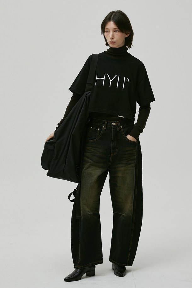 HYIIⁿ - 데님 - [Unisex] Barrel Fit Wide Jeans Dark Blue