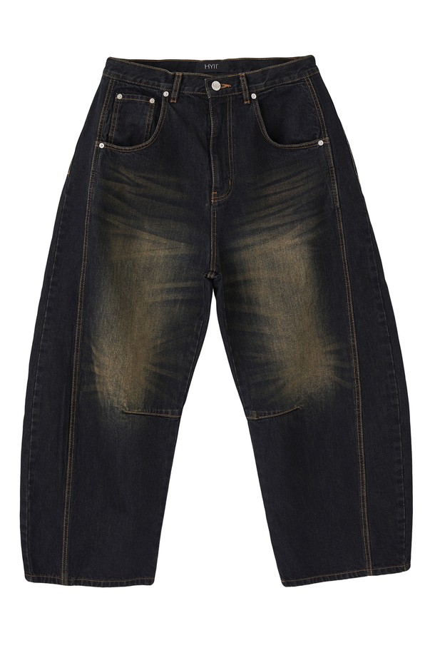 HYIIⁿ - 데님 - [Unisex] Barrel Fit Wide Jeans Dark Blue