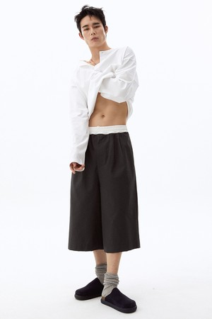 [Unisex] Color Block Waistband Wide Capri Pants Charcoal