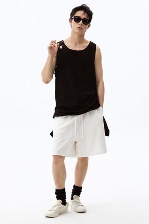 [Unisex] Color Block Waistband Sweat Shorts Off White