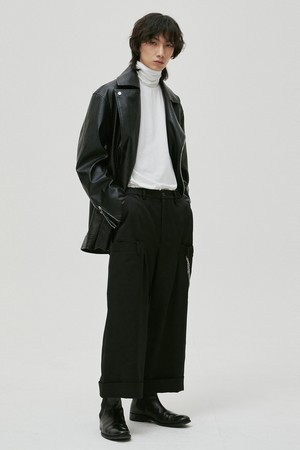 [Unisex] Double Waistband Wide Cropped Pants Black