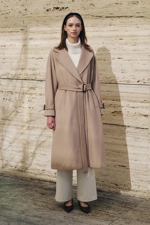 울 블랜디드 슬리브 벨티드 코트 O5HW024