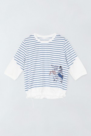 배색 스트라이프 프린팅 티셔츠 E6IM008