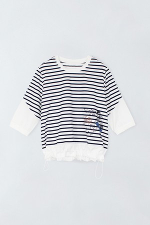 배색 스트라이프 프린팅 티셔츠 E6IM008