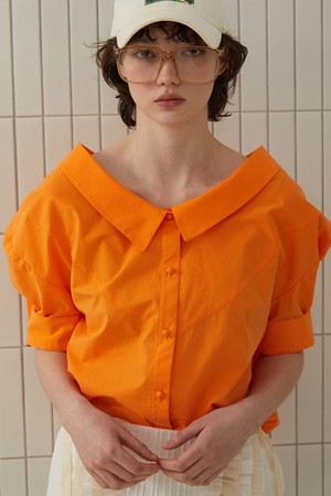 Wide V-Neck Collar Cotton Blouse (Orange)_넓은 브이넥 칼라 블라우스(오렌지)