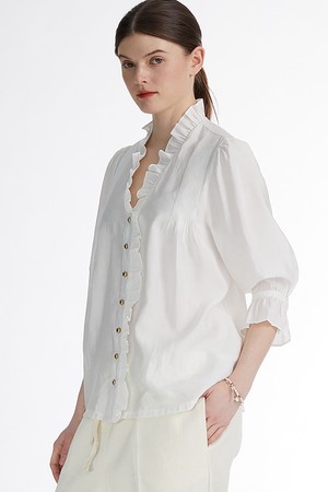 Ruffle V-Neck Pin-Tuck Blouse _러플 v-넥 핀턱 블라우스