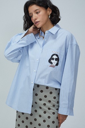 Seoul Girl Illustrated Stripe Shirt_ 서울 걸 일러스트 스트라이프 셔츠