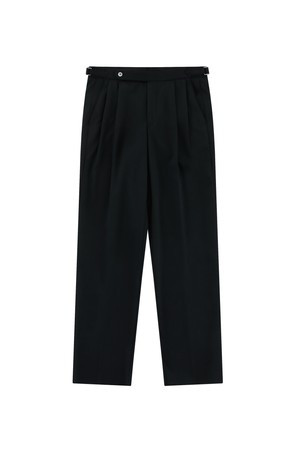 Wool worsted adjust 2Pleats relaxed Trousers (Black)