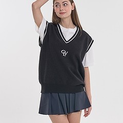V-Neck Pixel Graphic Knit Vest (Black)-a