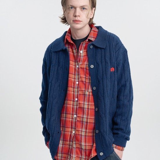 Open collar cable button cardigan_Navy
