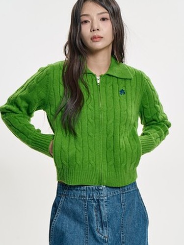 Zip-up Collar Cable Cardigan_Olive-a