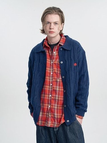 Open collar cable button cardigan_Navy-a