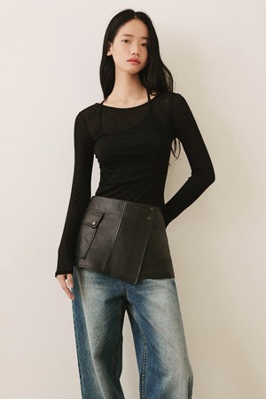 신세틱 레더 레이어드 스커트 [블랙]